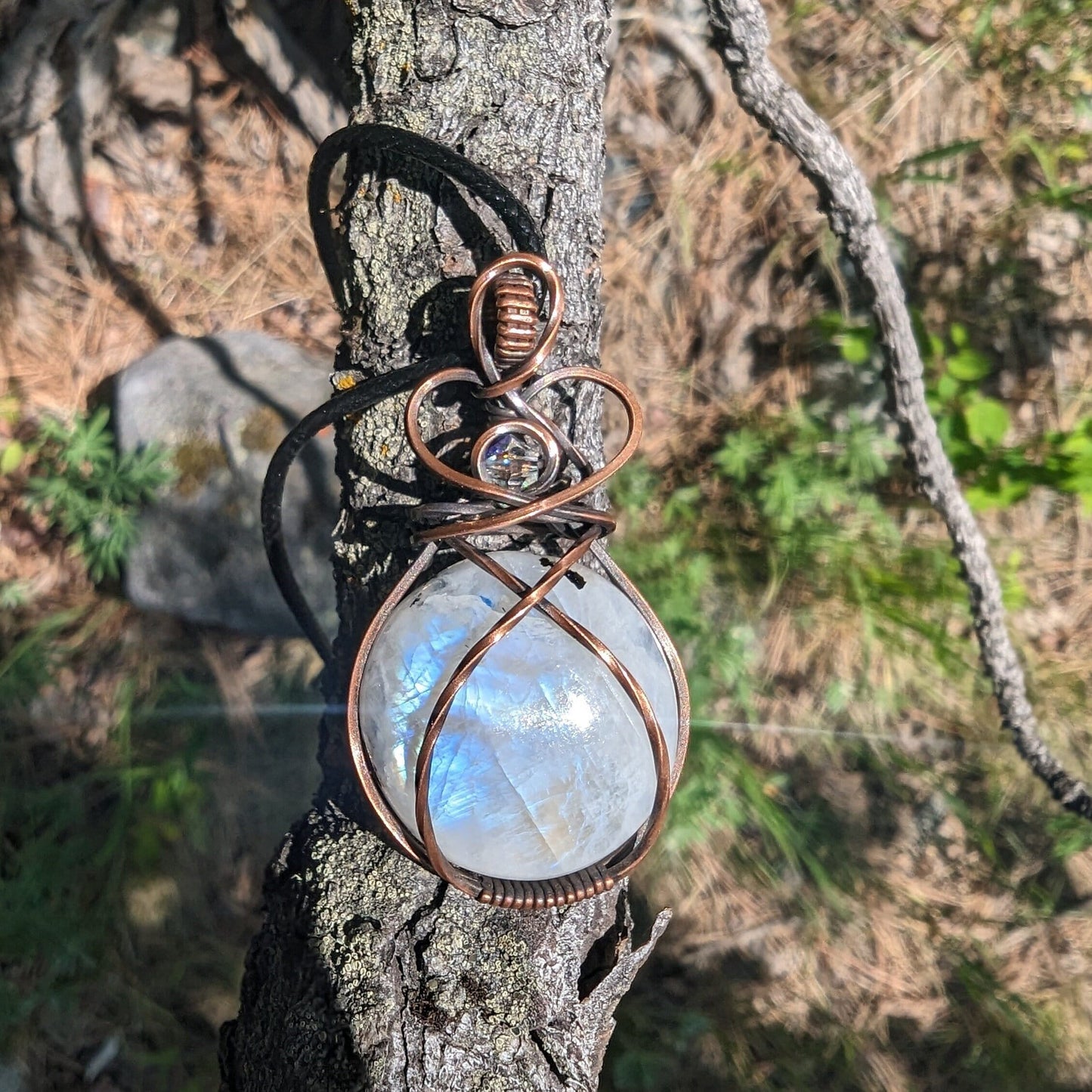 Crystal Ball Moonstone Pendant - copper wire wrapped