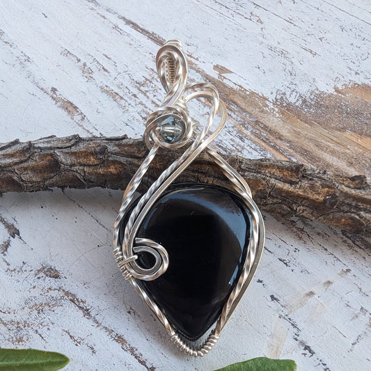 Sterling Silver Onyx Pendant - sterling silver wire wrapped