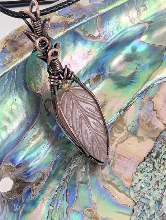 Peach Moonstone Etched Pendant - copper wire wrapped