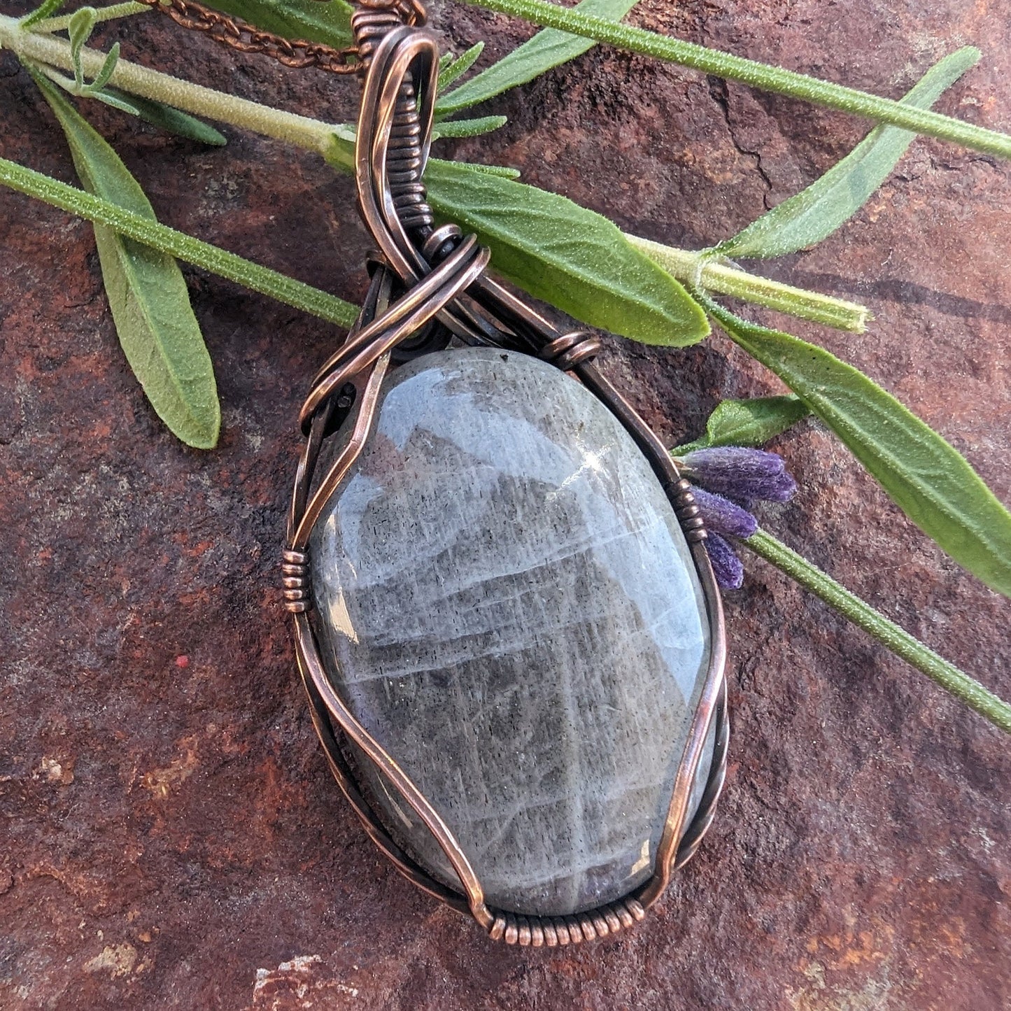 Purple Color Shifting Labradorite Pendant - copper wire wrapped