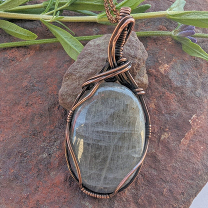 Purple Color Shifting Labradorite Pendant - copper wire wrapped