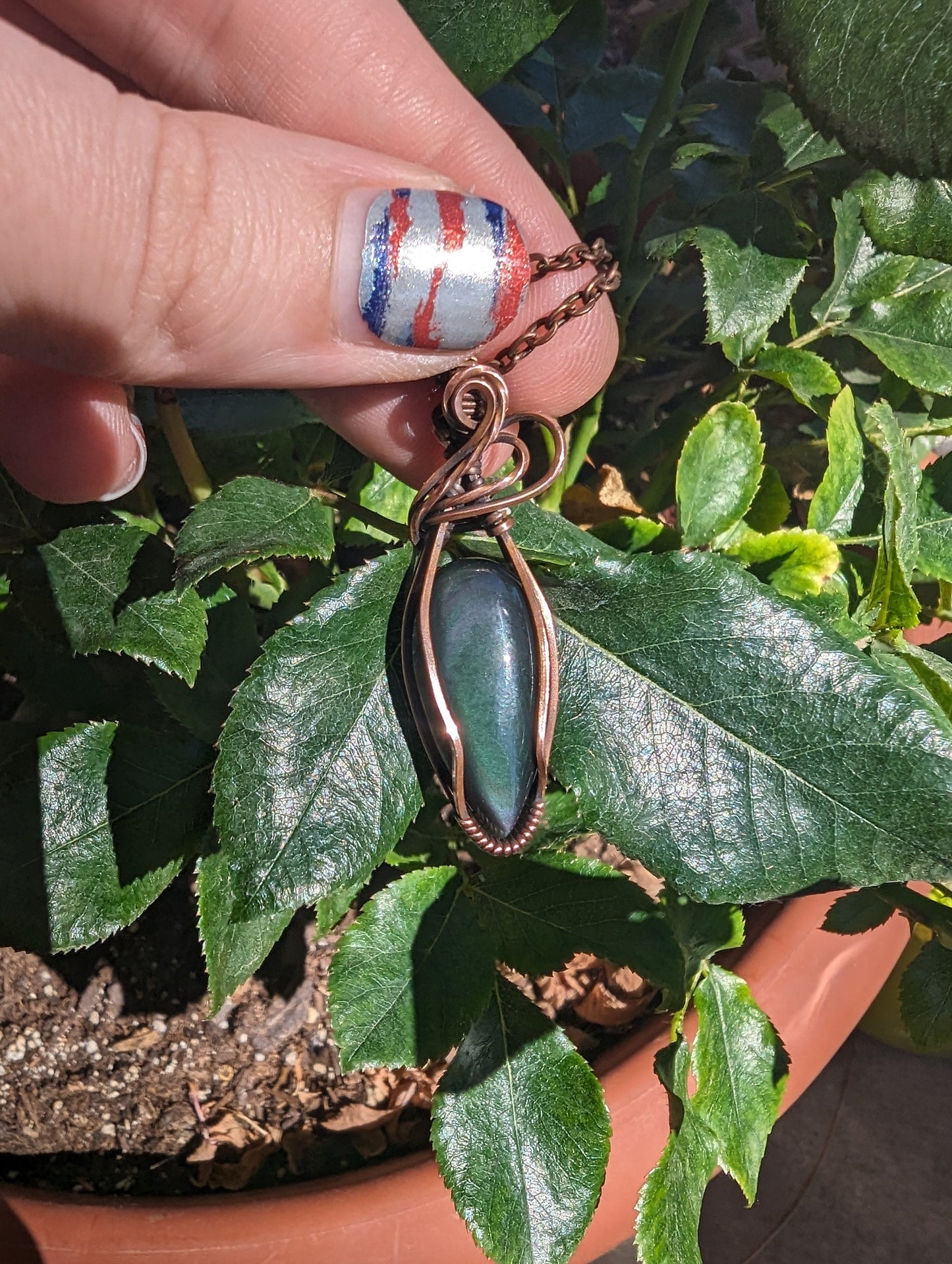 Rainbow Obsidian Pendant - copper wire wrapped