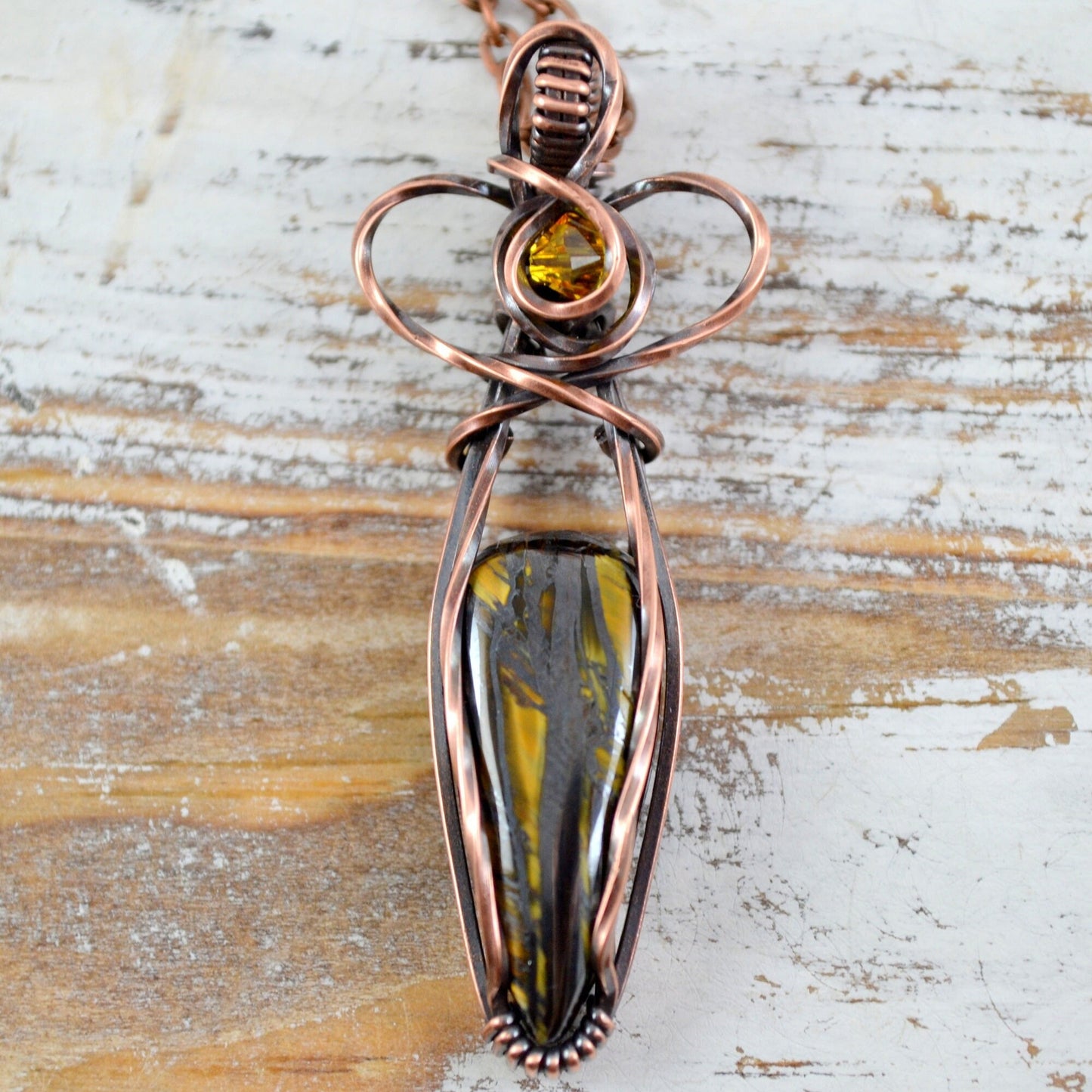 Iron Tiger Eye Heart Pendant - copper wire wrapped