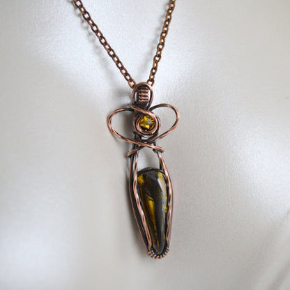 Iron Tiger Eye Heart Pendant - copper wire wrapped