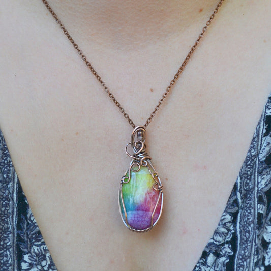 Rainbow Quartz Pendant - copper wire wrapped